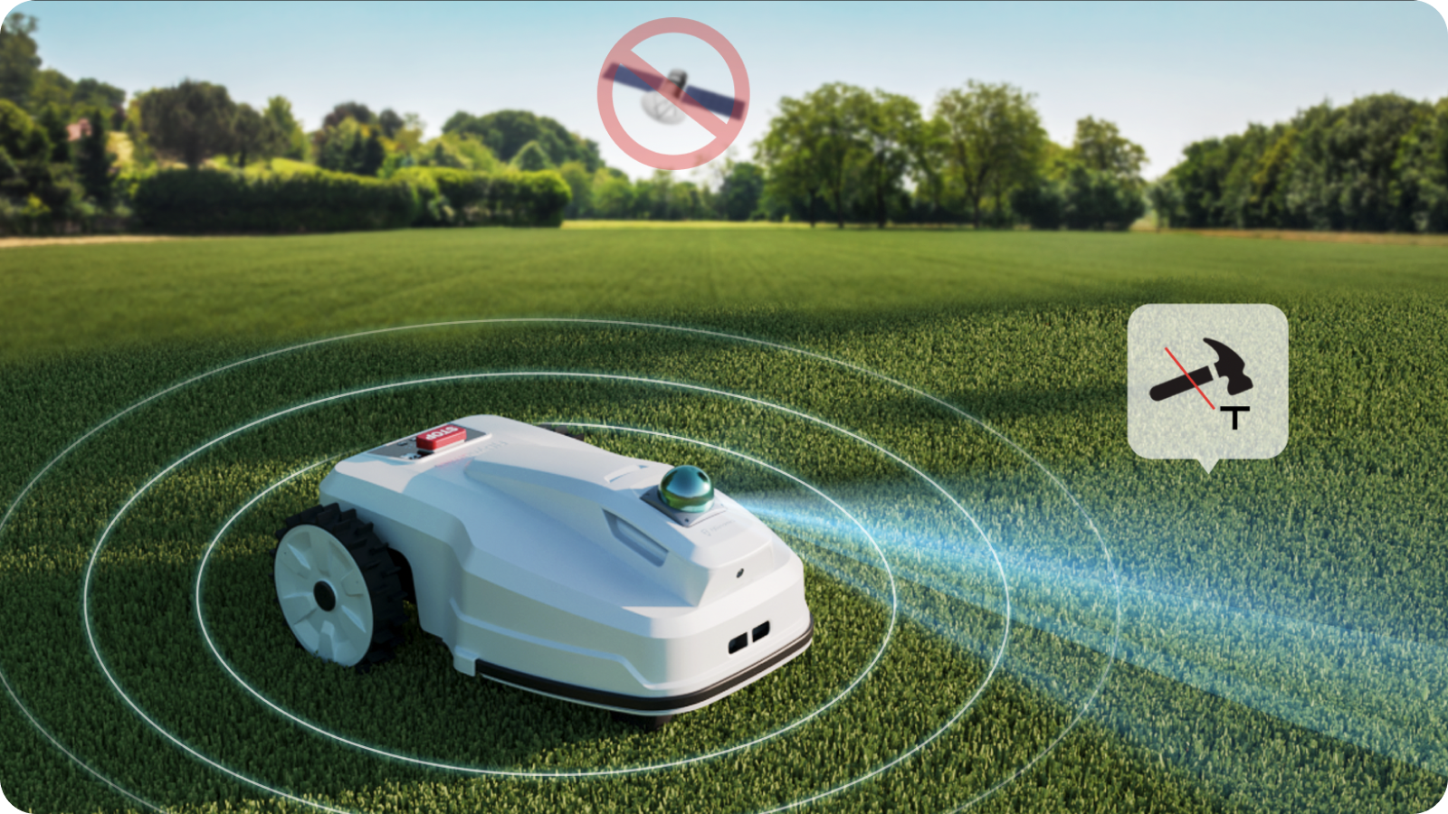 Robotic lawn mower on a grassy field with a no smoking icon and hammer symbol.